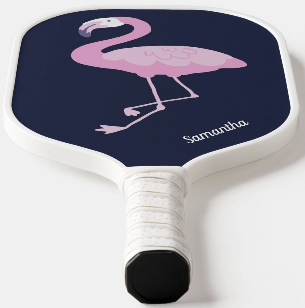 Cute Pink Flamingo on Dark Blue with Name Pickleball Paddle