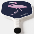 Cute Pink Flamingo on Dark Blue with Name Pickleball Paddle