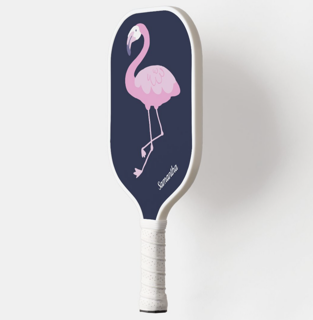 Cute Pink Flamingo on Dark Blue with Name Pickleball Paddle