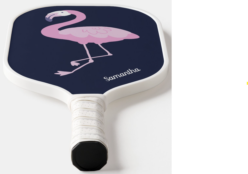 Cute Pink Flamingo on Dark Blue with Name Pickleball Paddle
