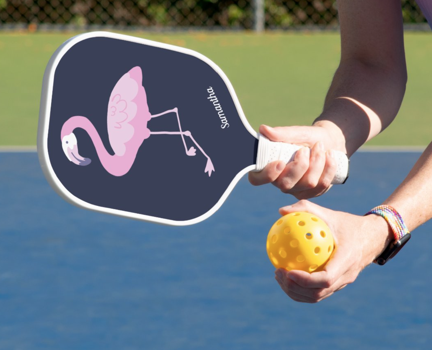 Cute Pink Flamingo on Dark Blue with Name Pickleball Paddle